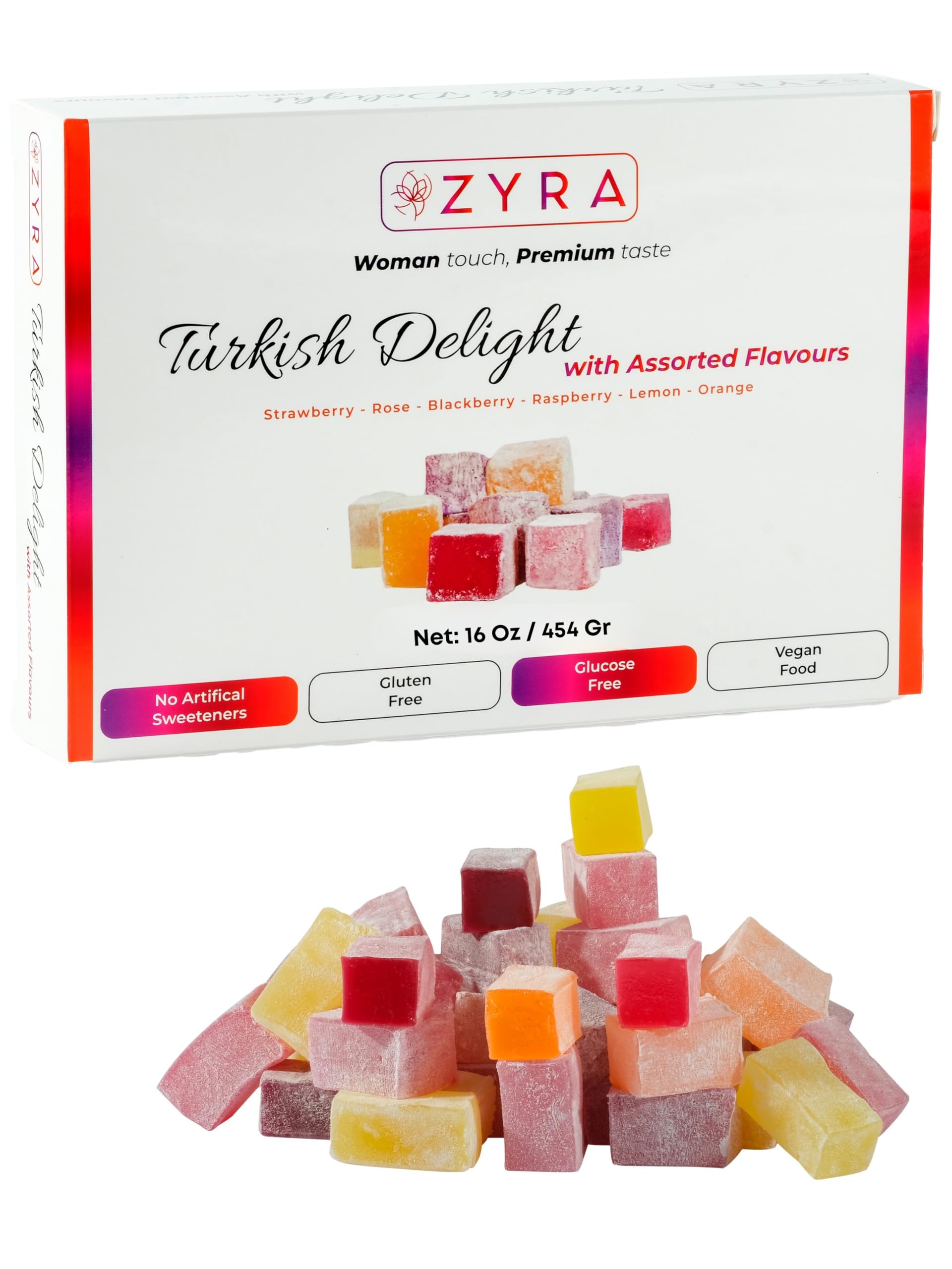 ZYRA Turkish Delight - Woman Owned Brand - Luxury with Assorted Fruit - Rose, Strawberry, Raspberry, Blackberry, Lemon, Orange - Authentic Premium