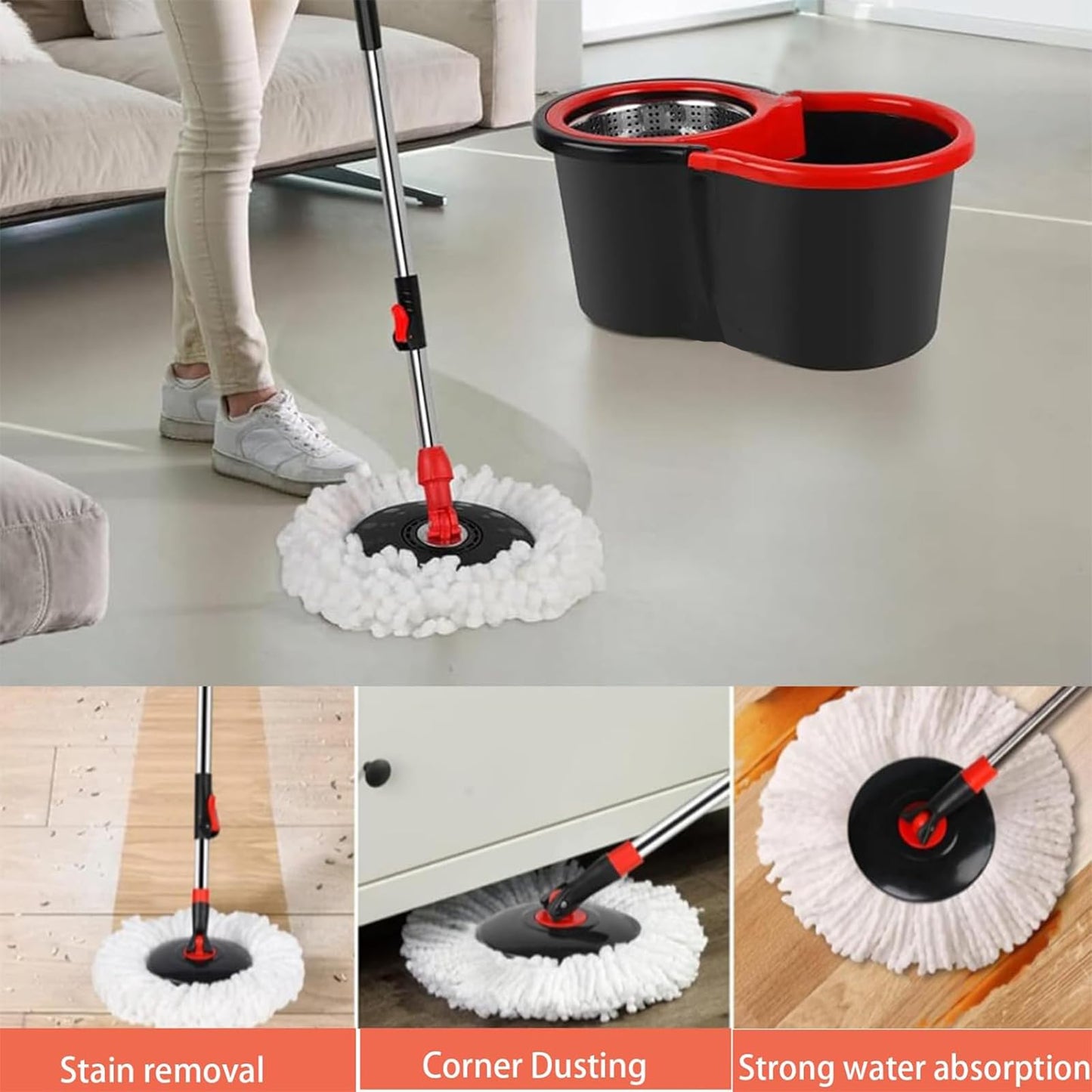 PULNDA Spin Mop and Bucket with Wringer Set, 360° Spinning Mop Bucket System with 1 Microfiber Mop Replacement Heads and 50" Stainless Steel