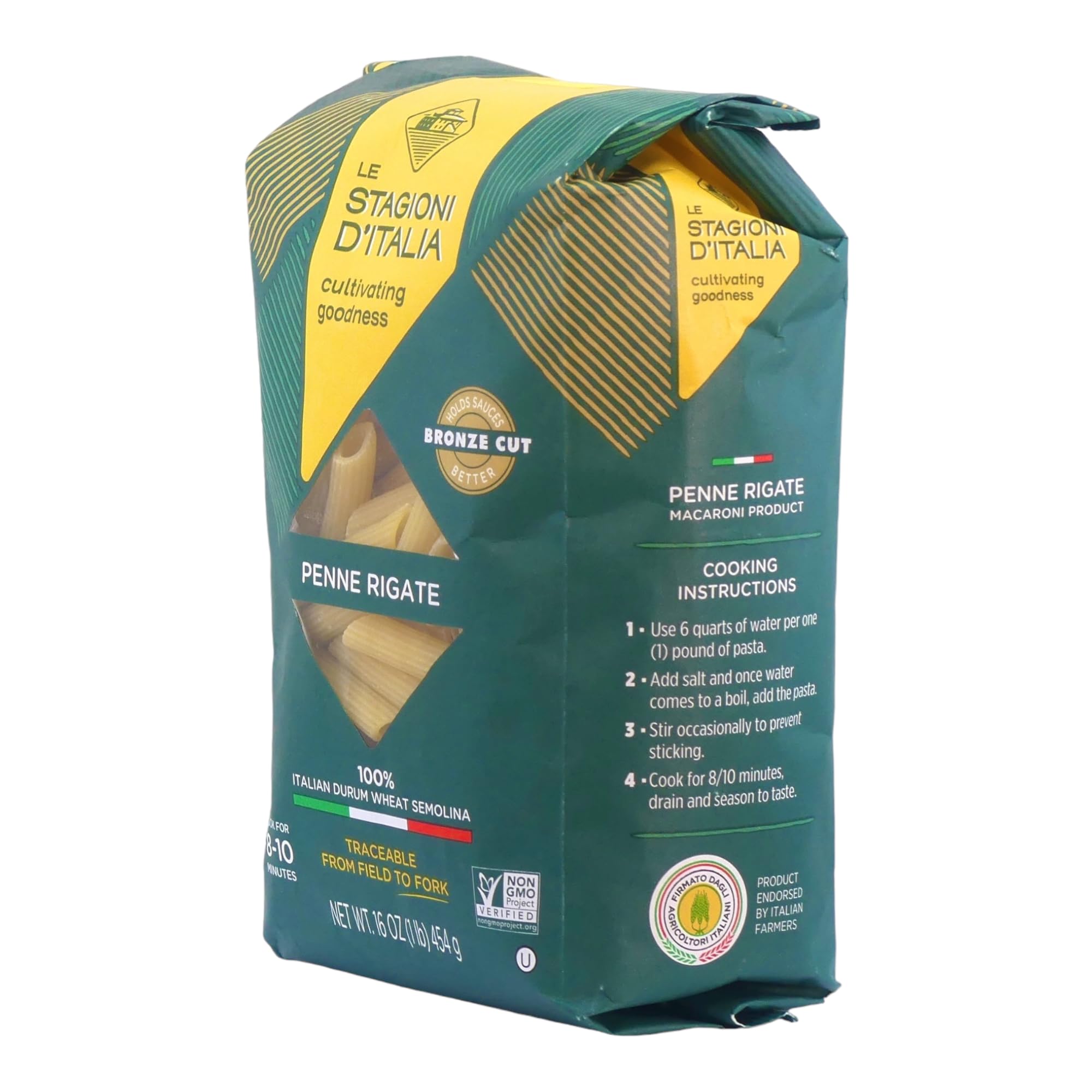 Le Stagioni D’Italia Penne rigate Pasta, 16 oz. Biodegradable Pack (1 pack) - 100% Traceable - Non-GMO Pasta Made with Only 100% Italian Durum Wheat