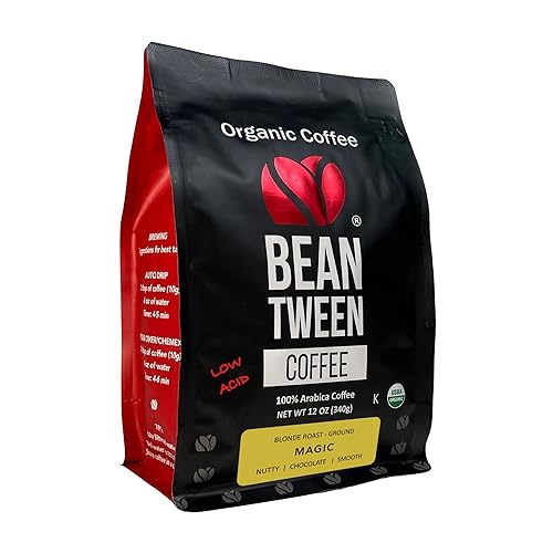Beantween Coffee: Premium Organic BLONDE ROAST Ground (12oz) of 100% Arabica Coffee - Low Acid, MOLD-FREE, Certified Organic, Kosher, Single Origin