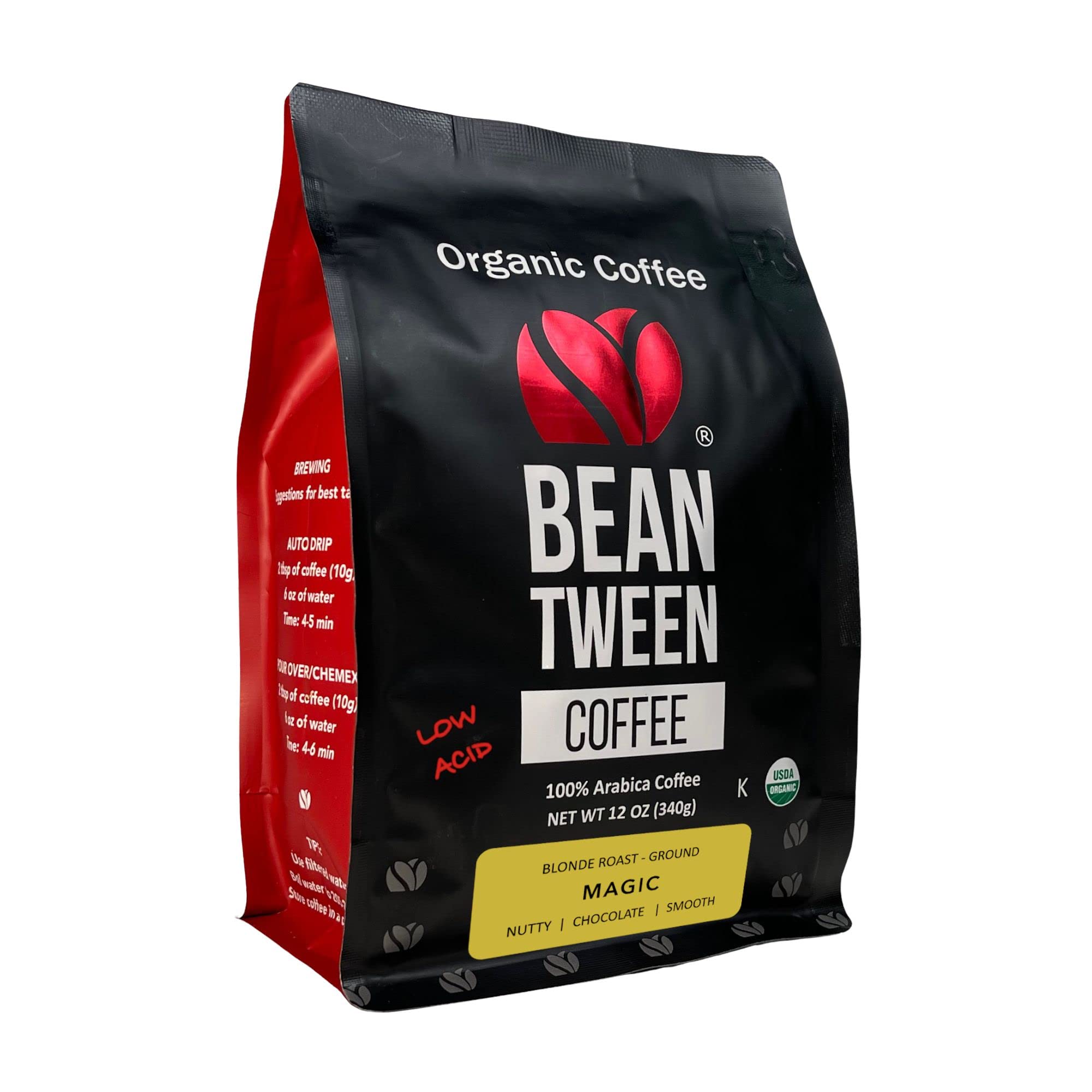 Beantween Coffee: Premium Organic BLONDE ROAST Ground (12oz) of 100% Arabica Coffee - Low Acid, MOLD-FREE, Certified Organic, Kosher, Single Origin