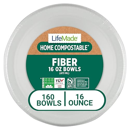 LIFEMADE 160 Count 16 oz Bowls, Home (TUV OK compost HOME Certified) and Commercially Compostable (BPI® Certified), 8 bundles of 20 bowls per case