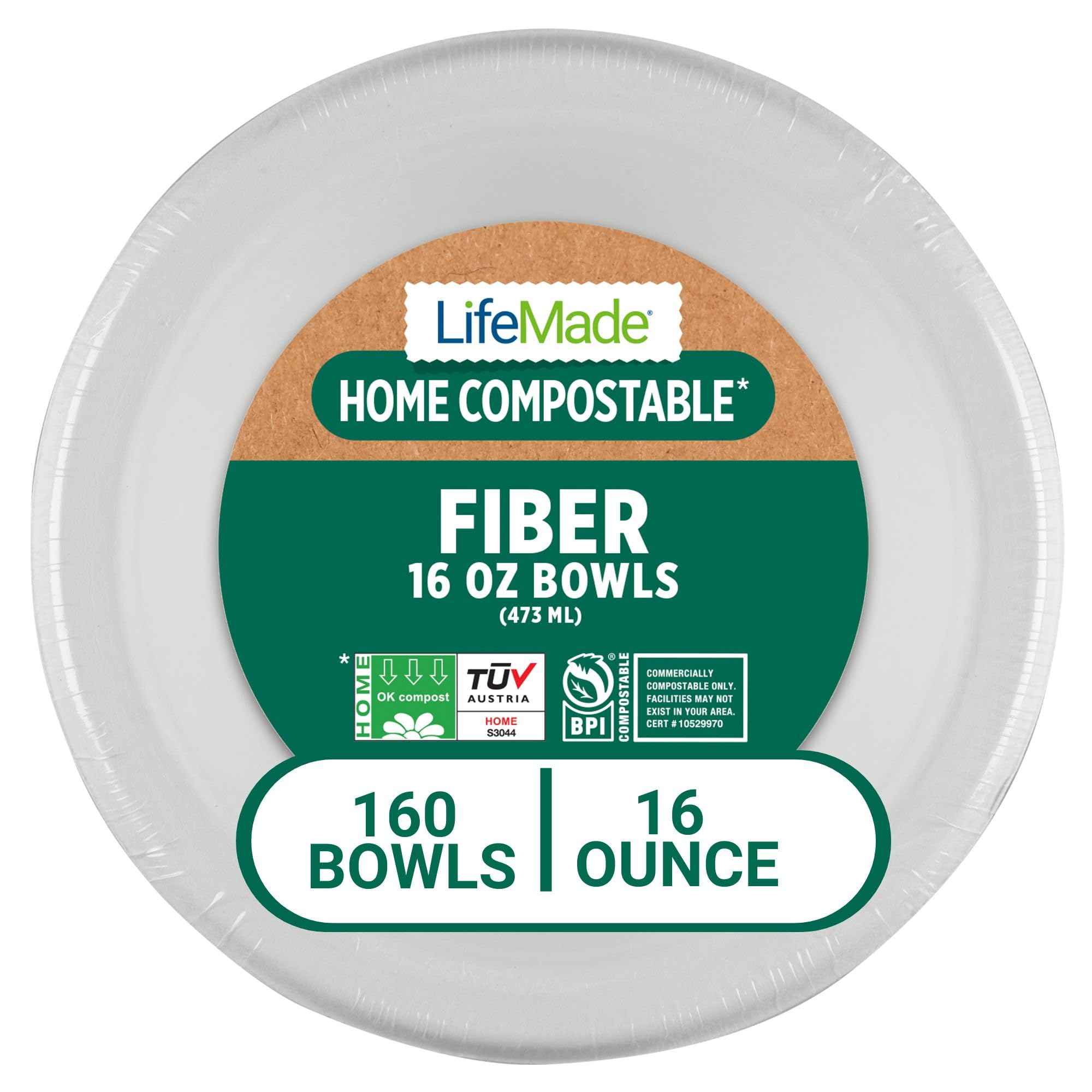 LIFEMADE 160 Count 16 oz Bowls, Home (TUV OK compost HOME Certified) and Commercially Compostable (BPI® Certified), 8 bundles of 20 bowls per case