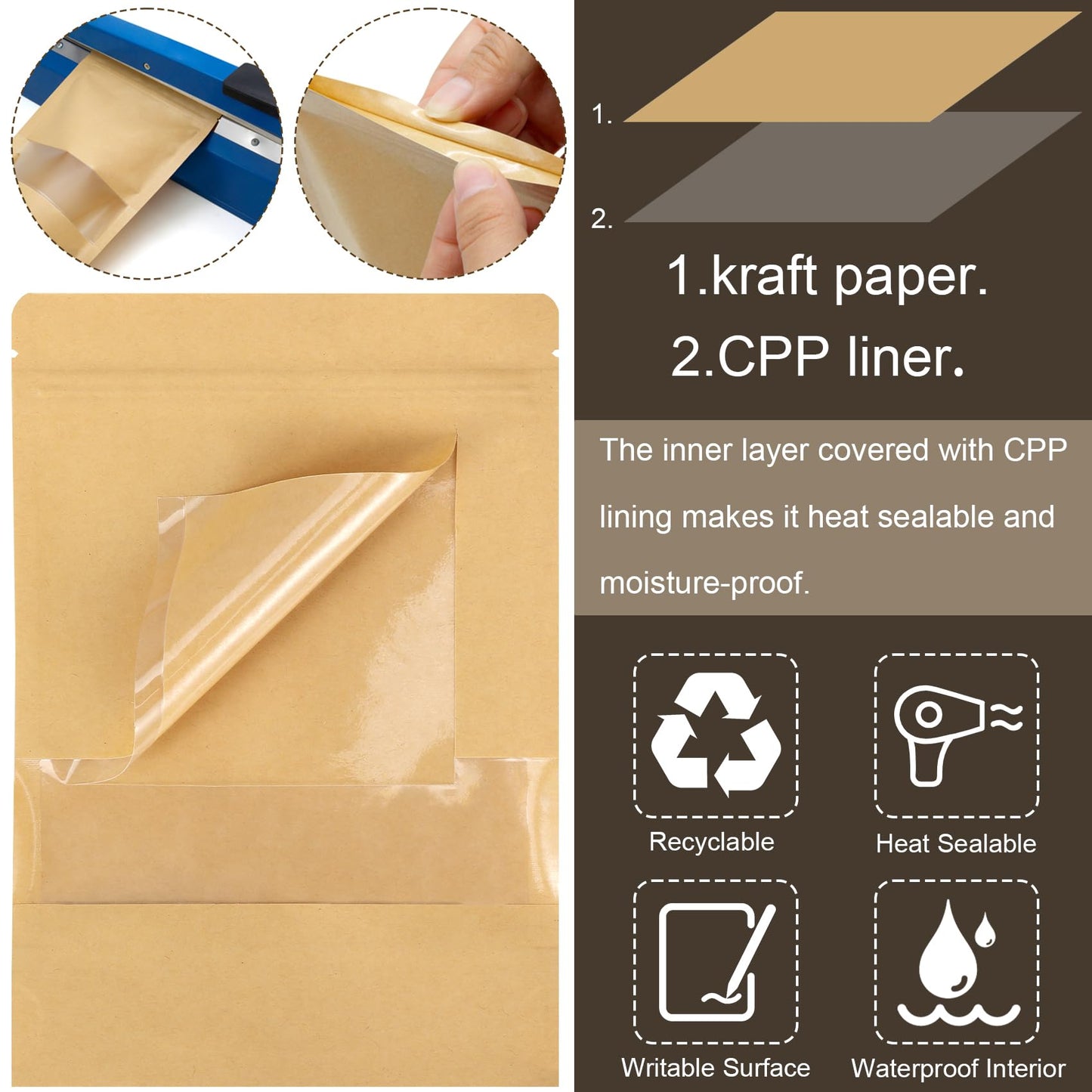 Blisstime 50 Pack Kraft Paper Stand Up Pouch Bags, Resealable Bag with Transparent Window and Tear Notch for Multipurpose Storage (4.7 X 7.9 Inches)