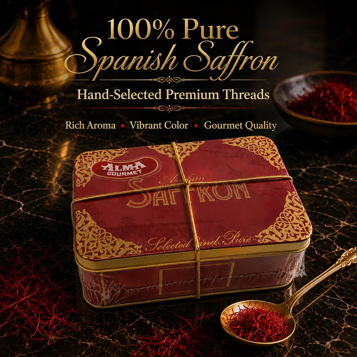 Alma Gourmet Spanish Saffron Threads 1 oz (28g) - 100% Pure Saffron Spice from Spain, Premium Cooking Seasoning with Natural Saffron Strands