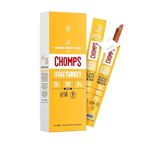 Chomps Original Turkey Jerky Meat Snack Sticks 10-Pack - Keto, Paleo, Low Carb, Whole30 Approved, 12g Lean Meat Protein, Gluten Free, Antibiotic Free