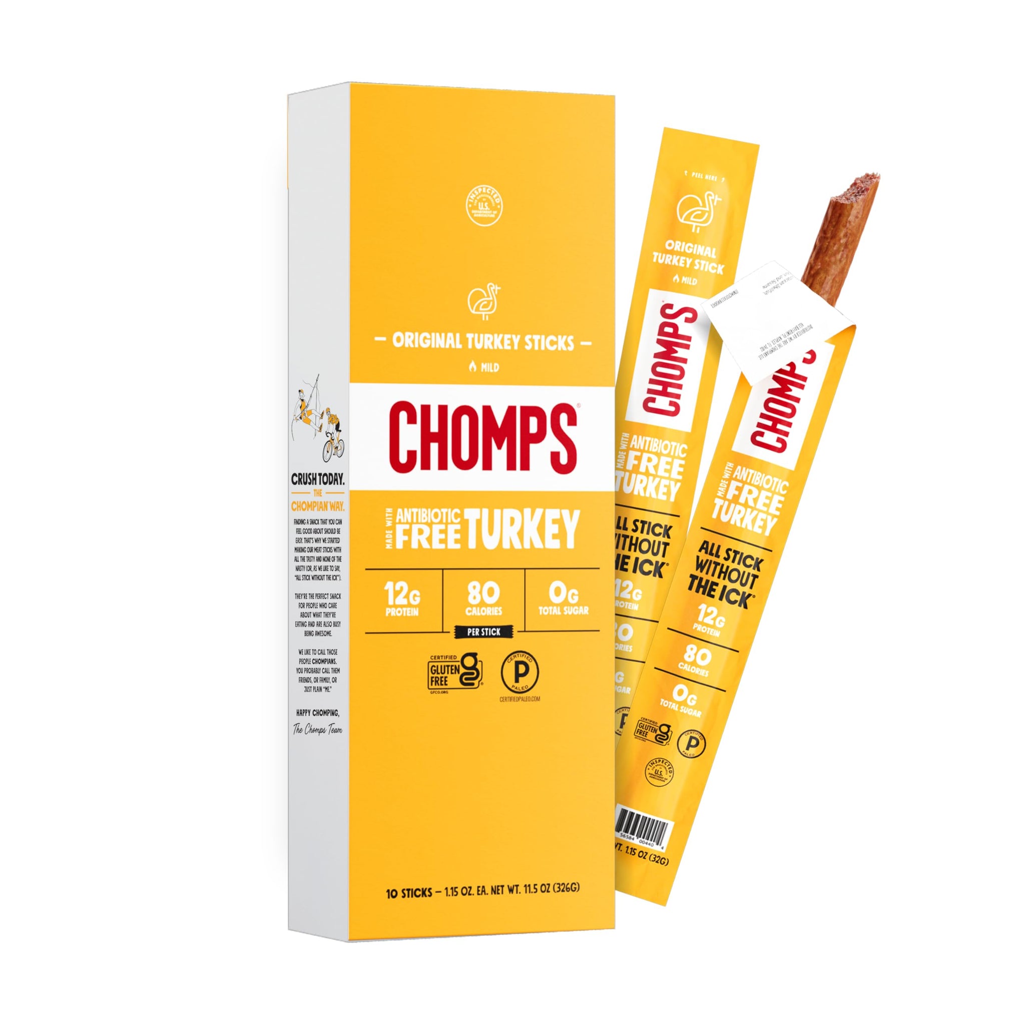 Chomps Original Turkey Jerky Meat Snack Sticks 10-Pack - Keto, Paleo, Low Carb, Whole30 Approved, 12g Lean Meat Protein, Gluten Free, Antibiotic Free