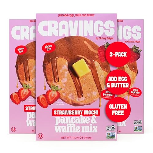 Cravings by Chrissy Teigen Gluten Free Pancake and Waffle Mix, Strawberry Mochi Pancakes & Waffles, Add Eggs, Milk, & Oil, Makes 18 Pancakes (Pack of 3)