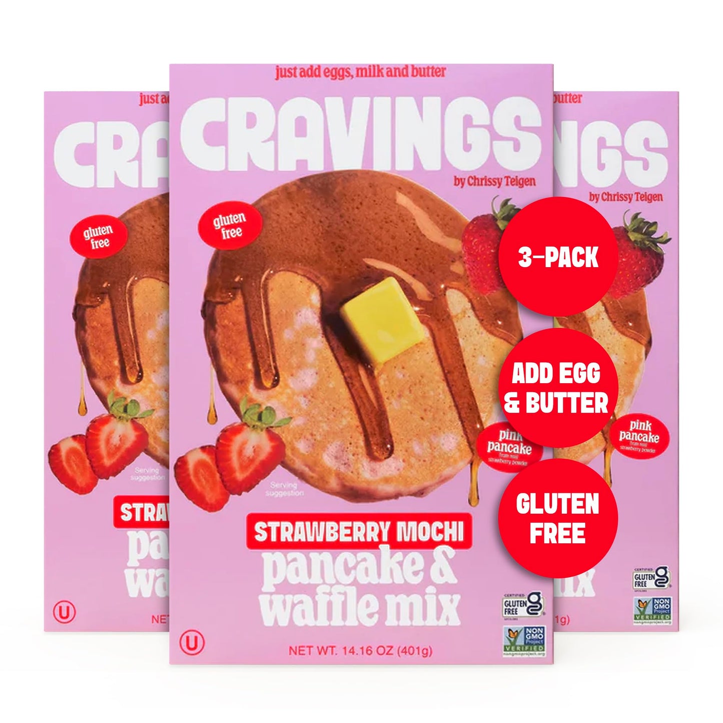 Cravings by Chrissy Teigen Gluten Free Pancake and Waffle Mix, Strawberry Mochi Pancakes & Waffles, Add Eggs, Milk, & Oil, Makes 18 Pancakes (Pack of 3)