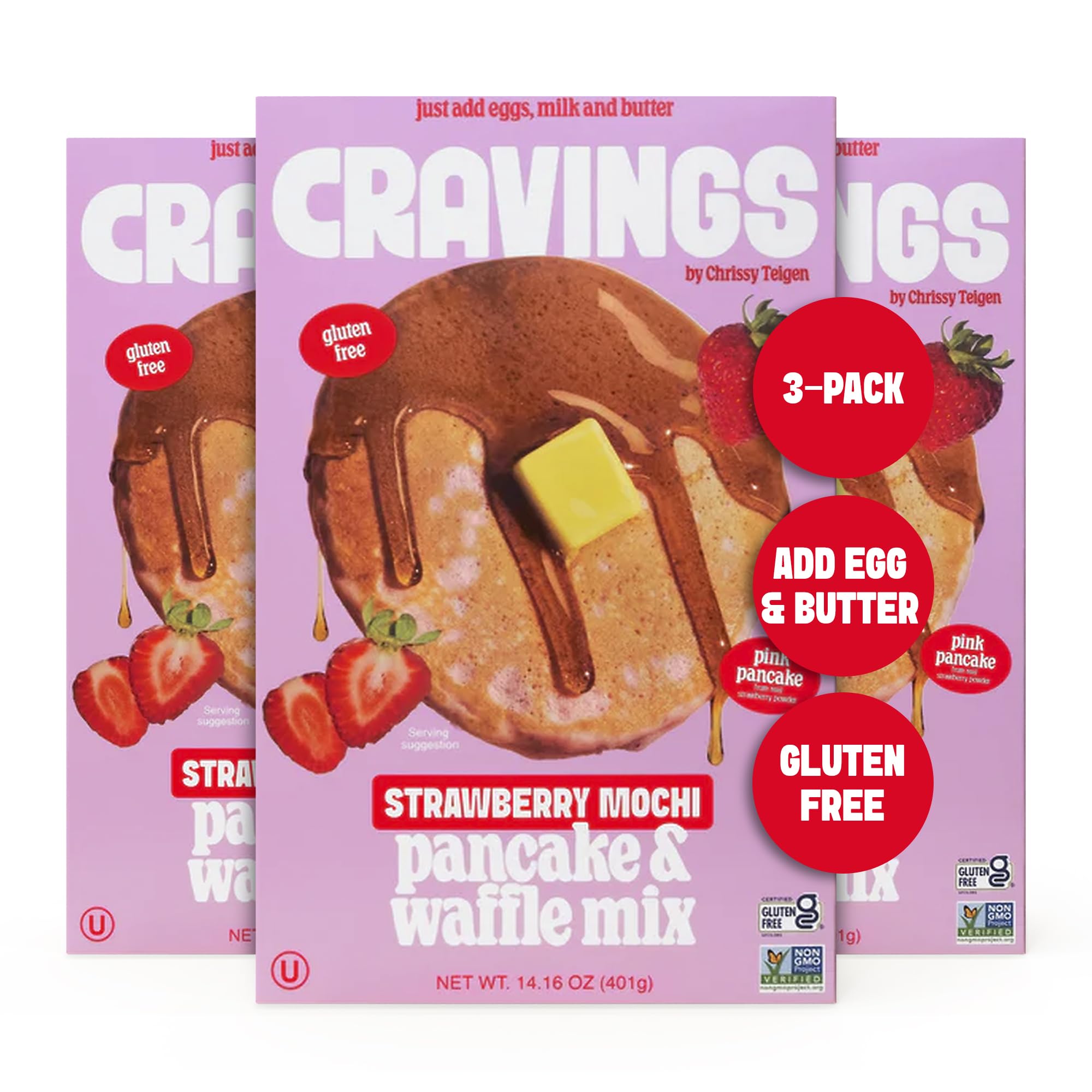 Cravings by Chrissy Teigen Gluten Free Pancake and Waffle Mix, Strawberry Mochi Pancakes & Waffles, Add Eggs, Milk, & Oil, Makes 18 Pancakes (Pack of 3)
