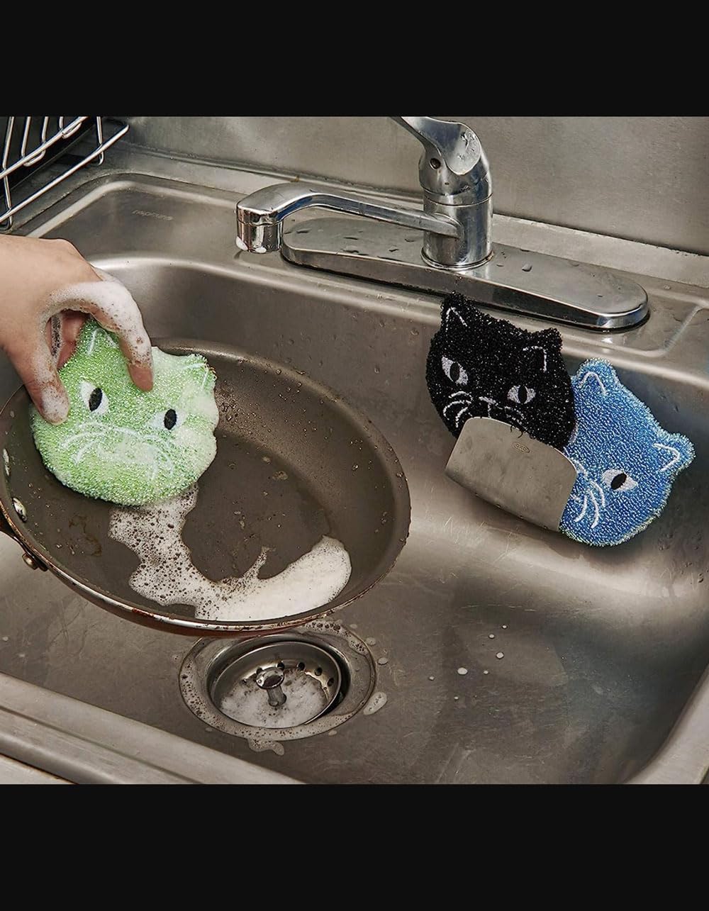 Kikkerland Reusable Cat Scrub Sponge - Cleaning Supplies for Kitchen, Home Essentials - Fun Gifts for Kids & Adults - Set of 3