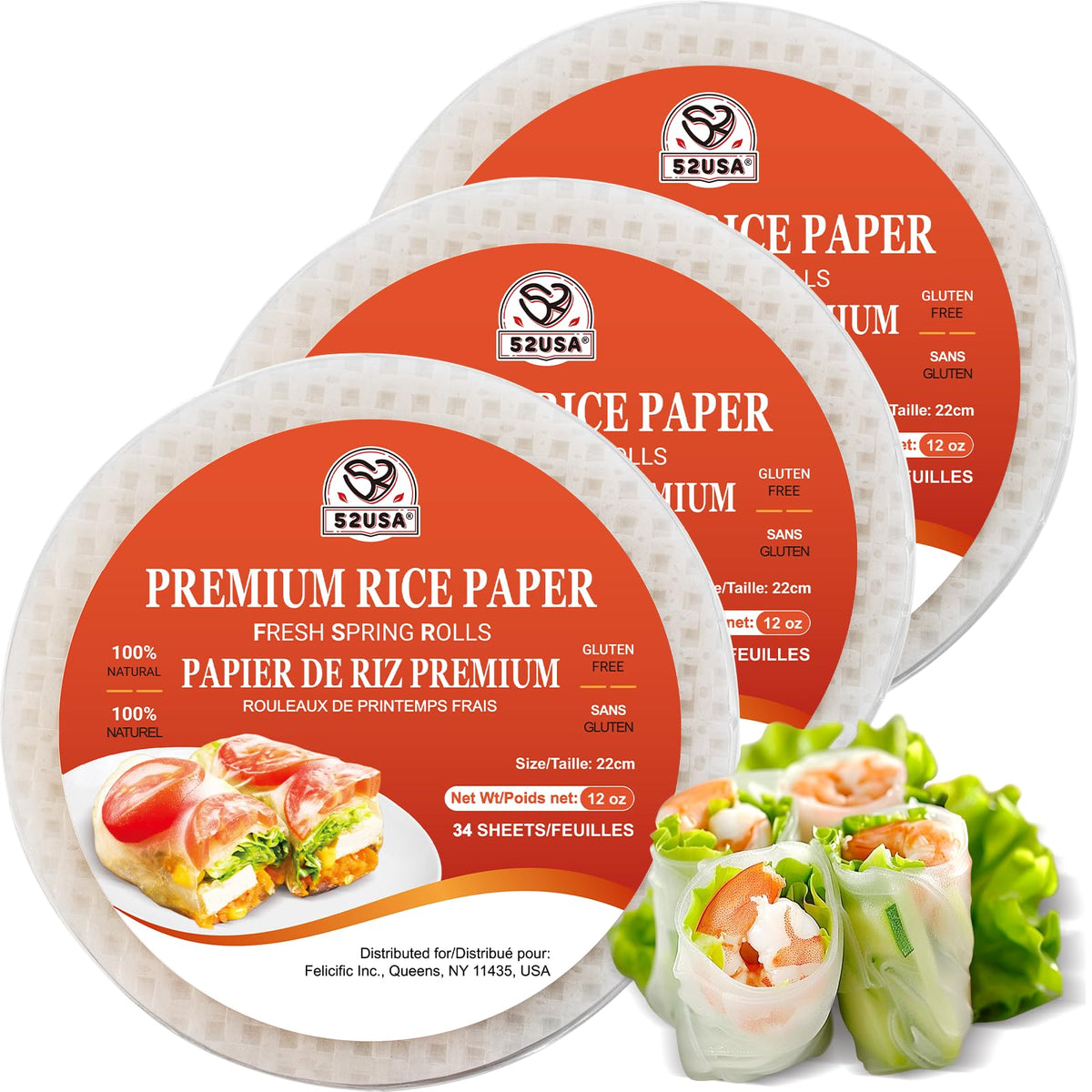 52USA Rice Paper, 3 Pack 102 Sheets, Spring Roll Wrappers & Dumpling
