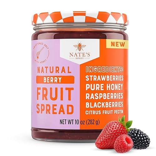 Nate's Honey Fruit Spread, All-Natural Berry - Made with Real Fruit & No Refined Sugar - Sweetened with 100% Pure Honey - 10 oz Jar - Easy-to-Spread