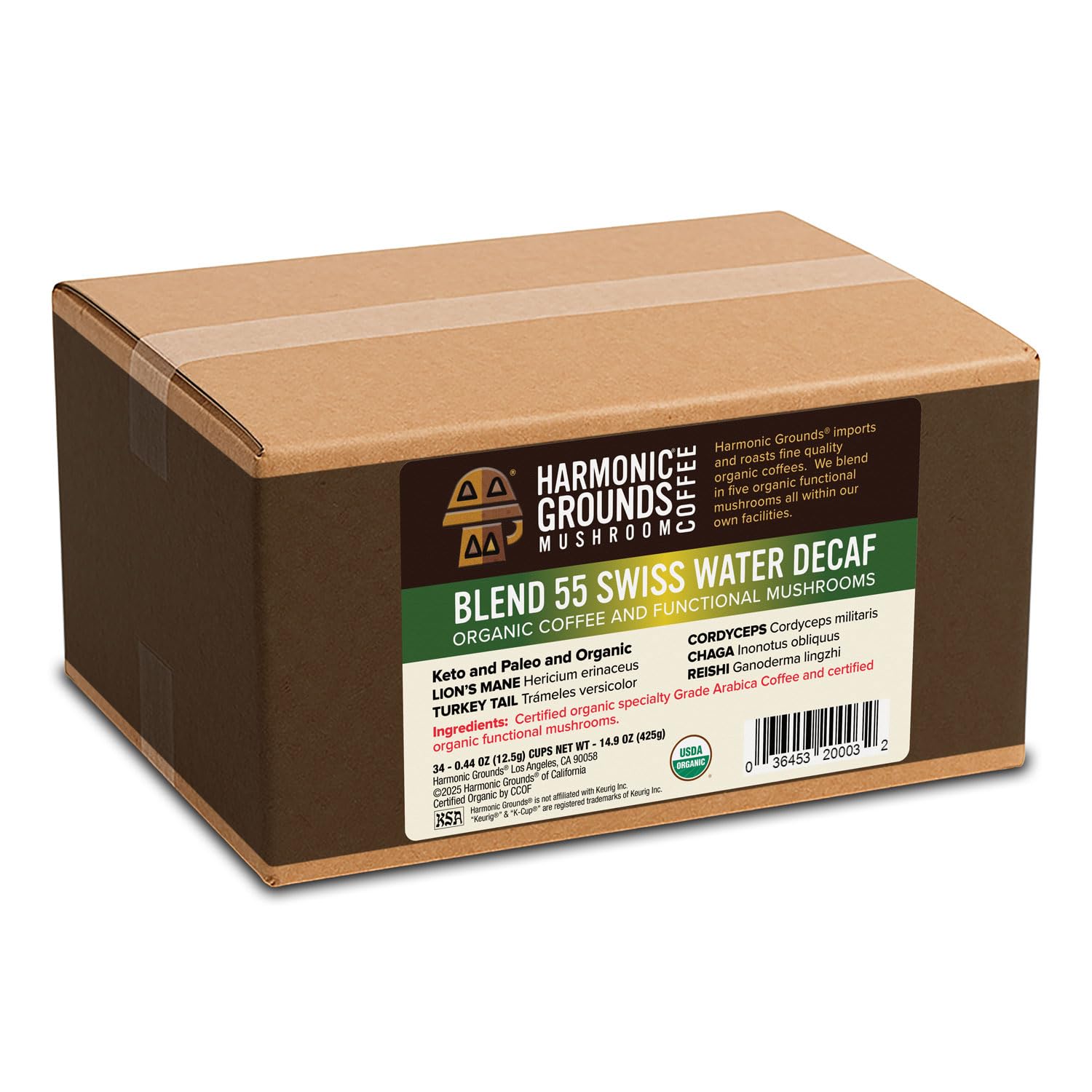 Harmonic Grounds Organic Decaf Mushroom Coffee Pods - Swiss Water Process, Medium Roast with Lion's Mane, Reishi, Chaga, Cordyceps & Turkey Tail