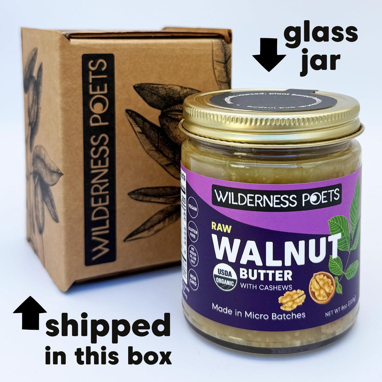 Wilderness Poets, Walnut Butter with Cashews - Organic & Raw (8 Ounce - Half Pound) - Glass Jar
