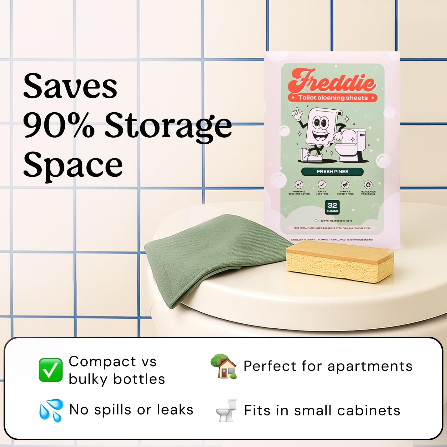 Freddie Toilet Cleaner Sheets - Fresh Pines Scent - Plastic Jug-Free Alternative to Liquid Cleaners - 32 Dissolvable Cleaning Strips