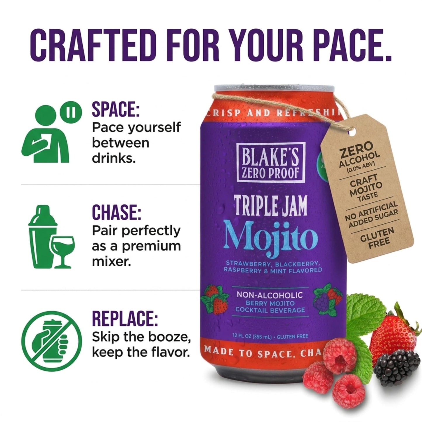 Blake’s Zero Proof Triple Jam Mojito Sparkling Mocktail - Non Alcoholic Carbonated Juice Beverage, Gluten Free, Berry Mint Inspired Flavor, Lightly