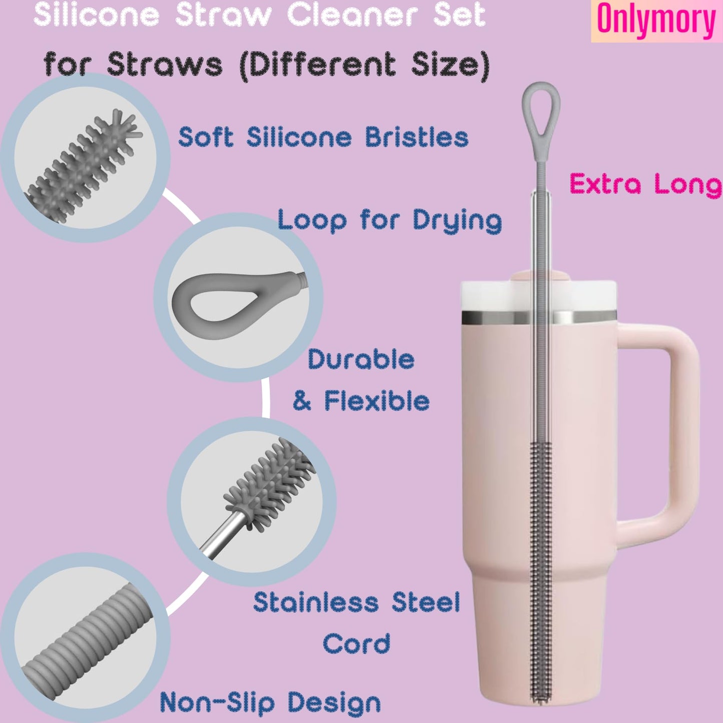 Straw Cleaner Brush, 2PCS Extra Long Silicone Straw Brush for Stanley Cup Accessories, Tumbler, Water Bottle, Reusable Straws Cleaning Brushes