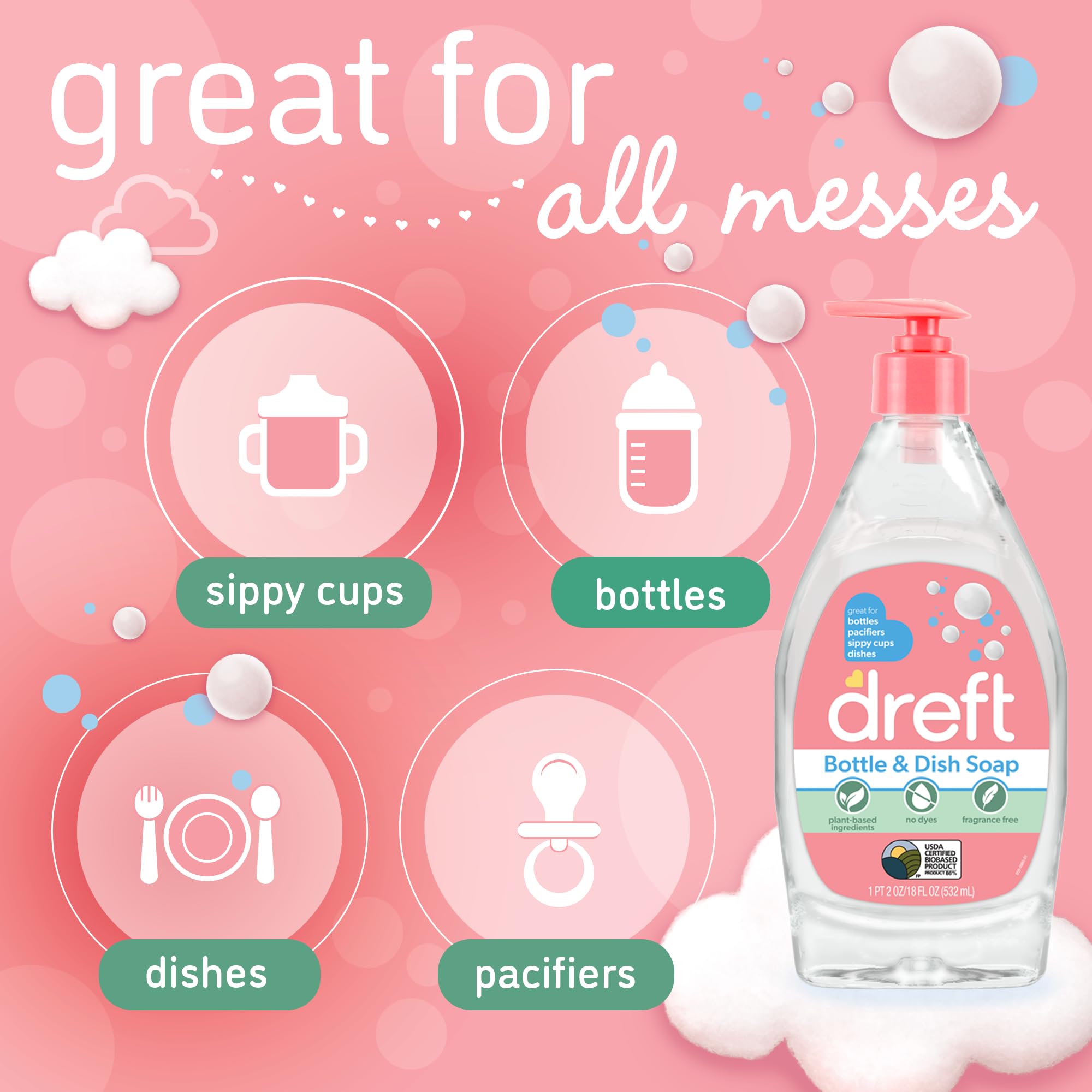 DREFT Bottle and Dish Soap Baby Gift Set - Bonus Travel Size Dreft All Purpose Cleaner & Stain Remover - Made to Clean Baby Essentials - Plant Based