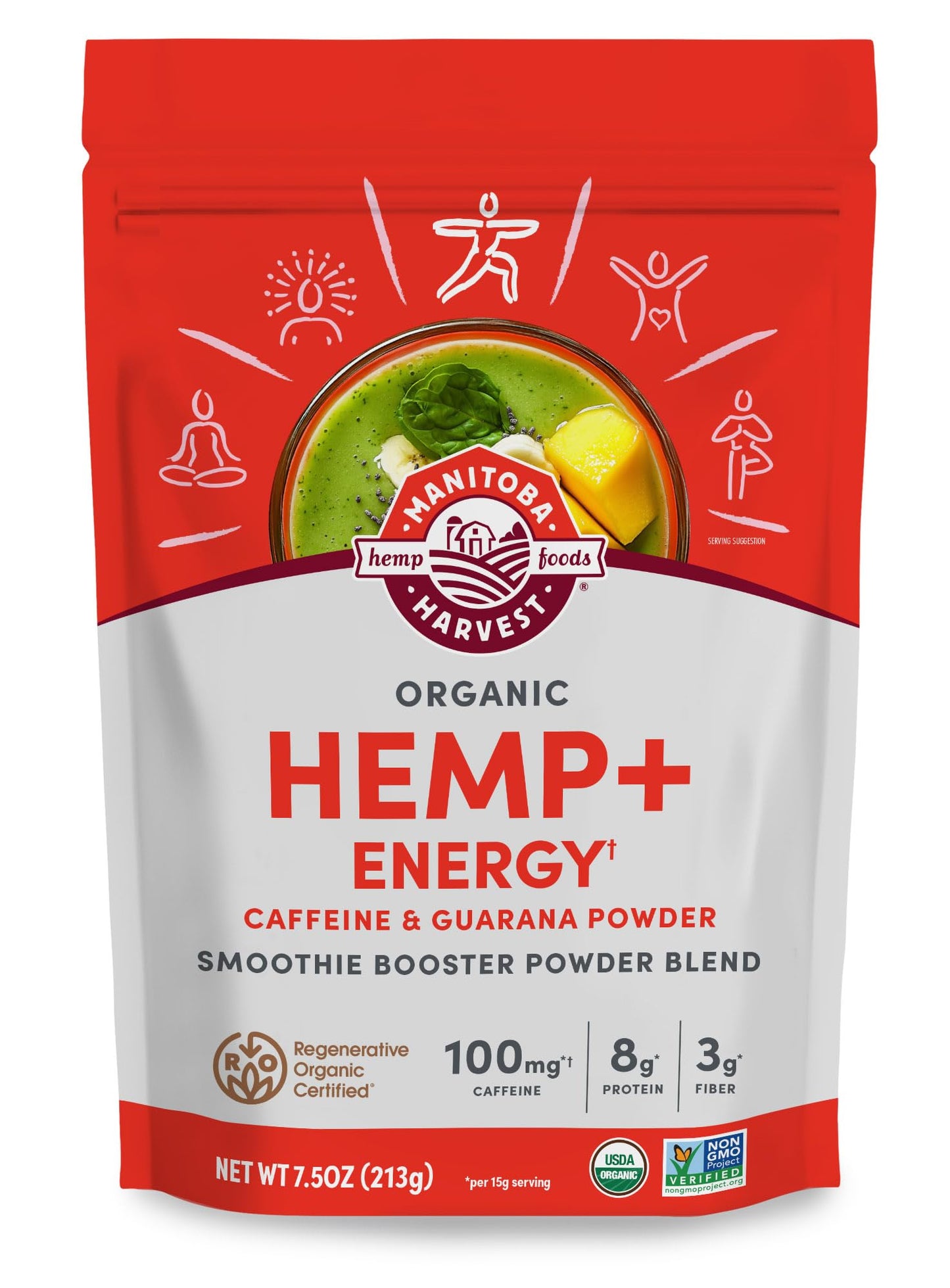 Manitoba Harvest Organic Hemp+ Energy, Caffeine & Guarana Powder, Smoothie Booster Powder Blend, 7.5 oz