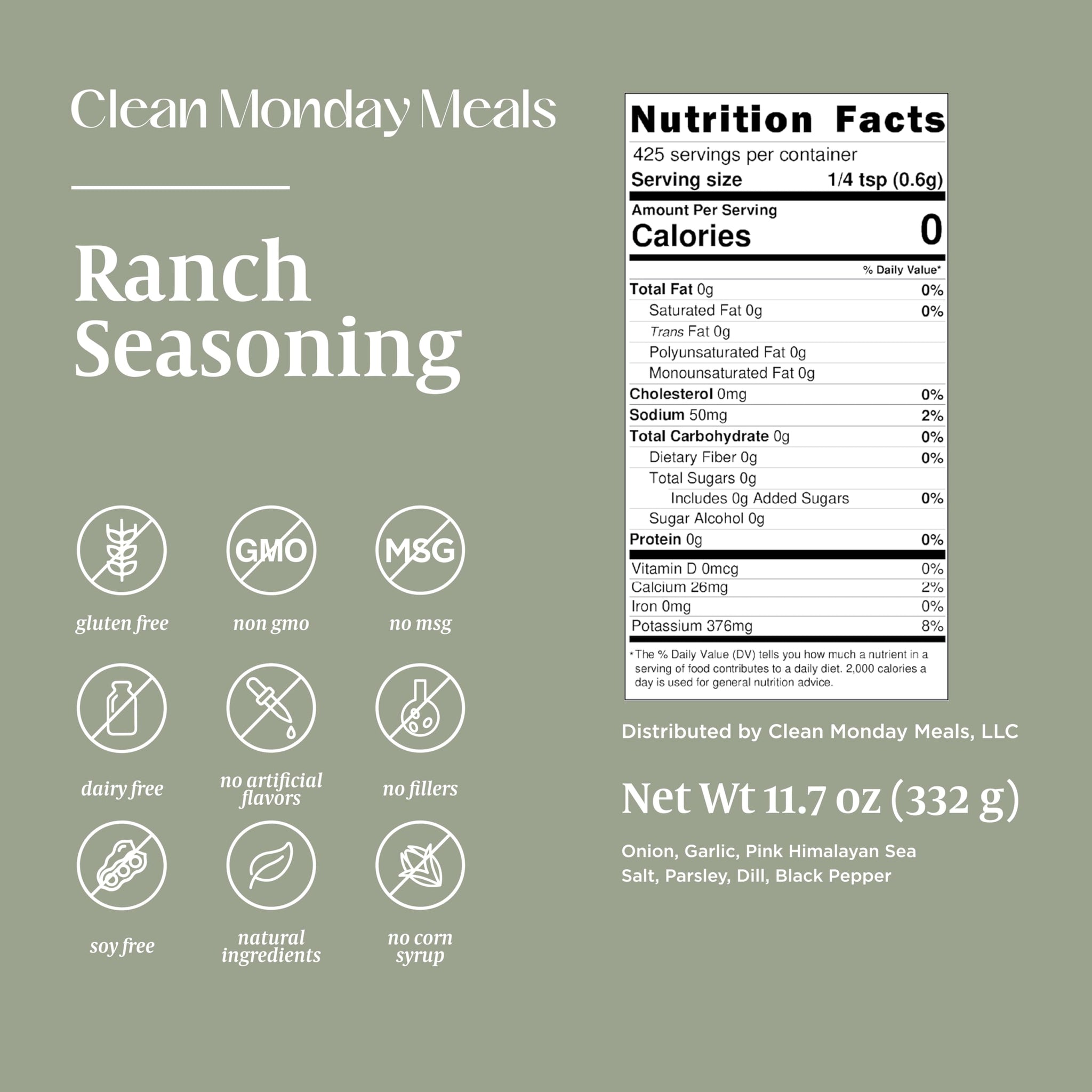 Clean Monday Meals Ranch Seasoning Mix | Gluten Free, Dairy Free, No Artificial Additives | All-Purpose Ranch Powder for Dips, Dressings, Veggies