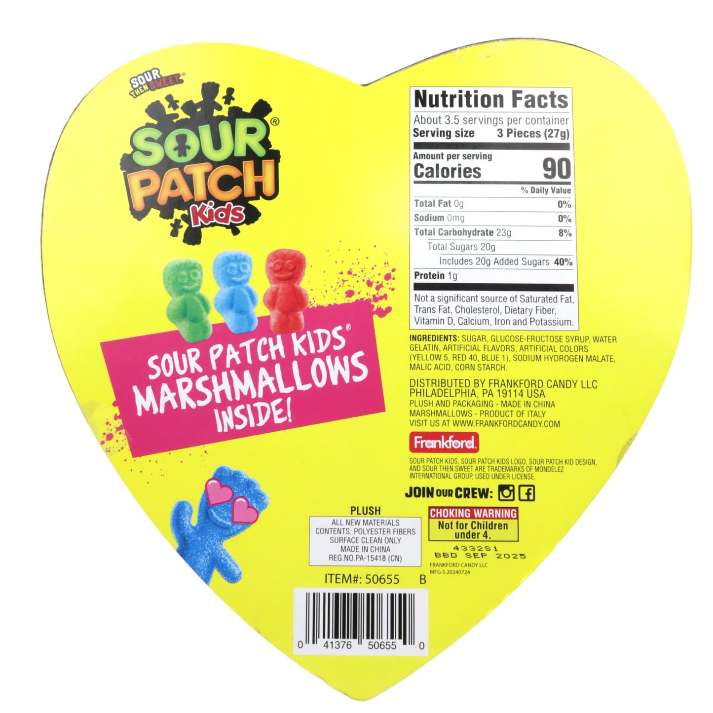 Sour Patch Kids Valentines Gift Box, Assorted Fruit Flavored Marshmallow Candies, Plush Accessory Included, 3.53 Ounces