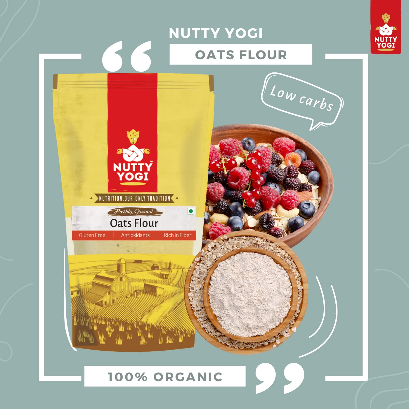 Nutty Yogi Gluten Free Oats Flour (Atta) Gluten Free, Freshly Milled In Small Batches, Protein Rich, High Fibre, No Maida, Breakfast Cereal Natural