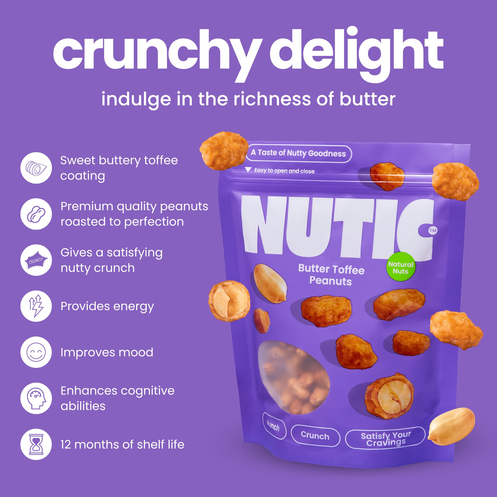 Nutic Gourmet Butter Toffee Peanuts - 1 lbs of Crunchy, Candied Peanuts for Snacking - Sweet & Toasted Nut Mix with a Butter Flavor - Ideal