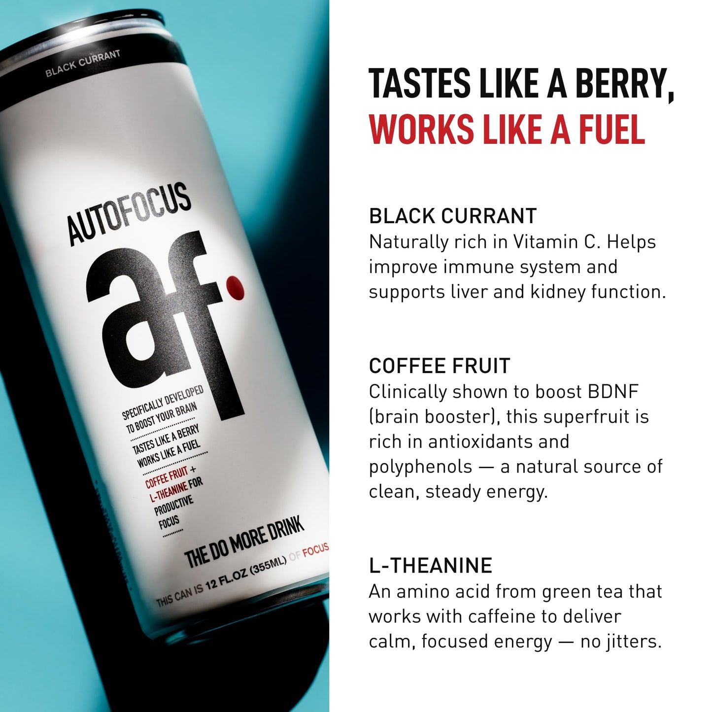 AUTOFOCUS Functional Energy Drink - Natural Focus Drink with Coffee Fruit & L-Theanine - Clean Caffeine Brain Booster - No Added Sugar. Productivity