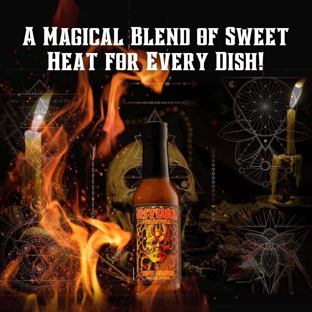 Hellfire Hot Sauce Ritual Habitual - Fruit-Based Gourmet Hot Sauce With Tropical Flavors and Curry, 5 oz.