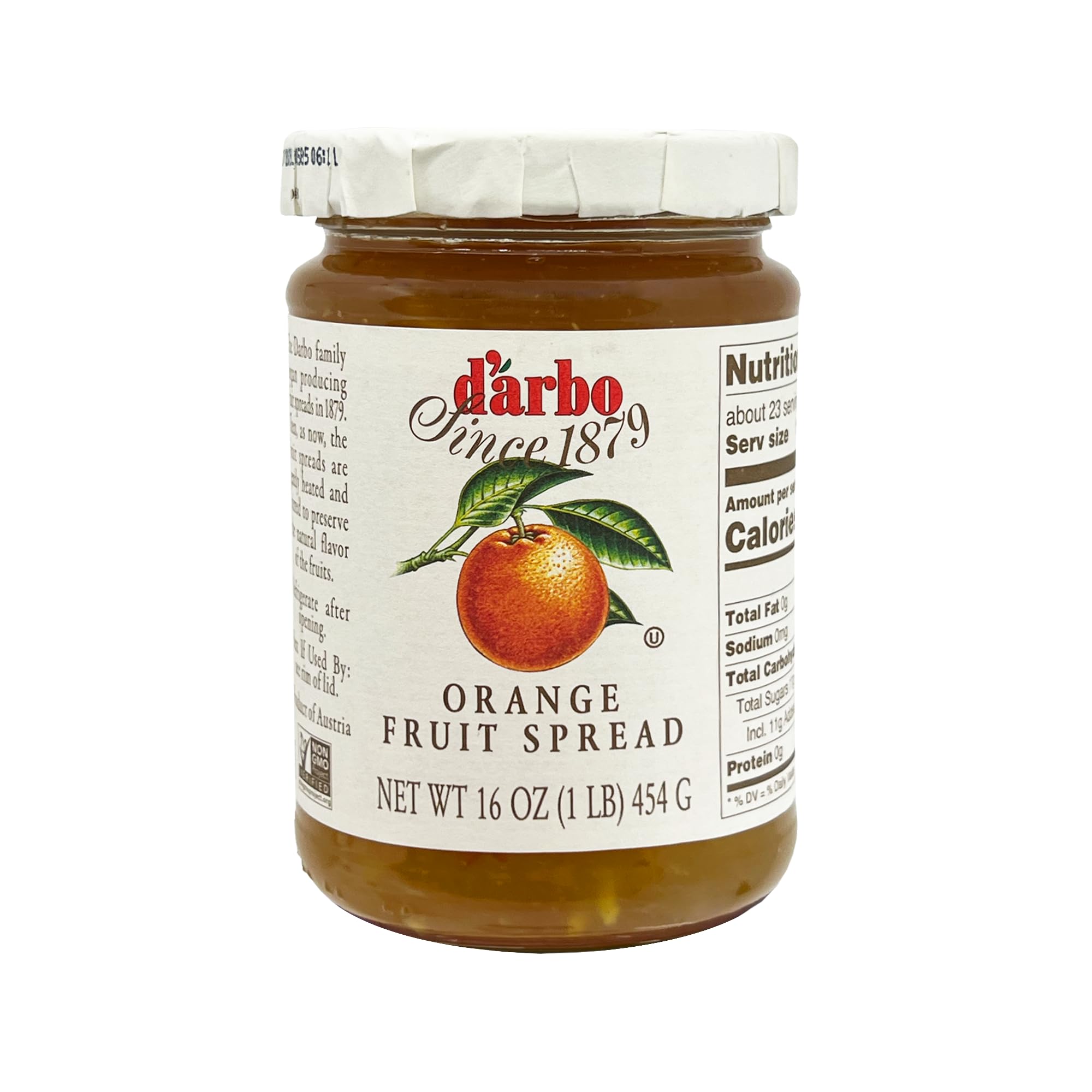 D’arbo Orange Fruit Spread, 16 oz (454 g) | All-Natural Austrian Marmalade | Made with Real Oranges | No Artificial Colors or Preservatives