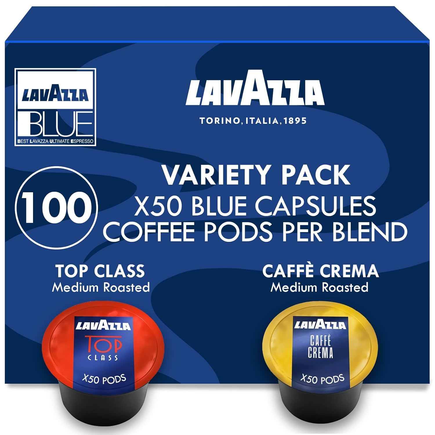 Lavazza Blue Coffee Capsules Variety Pack - 100 Count (50 Pods Each) - Includes Top Class & Caffè Crema Blends - Compatible with Lavazza LB Espresso