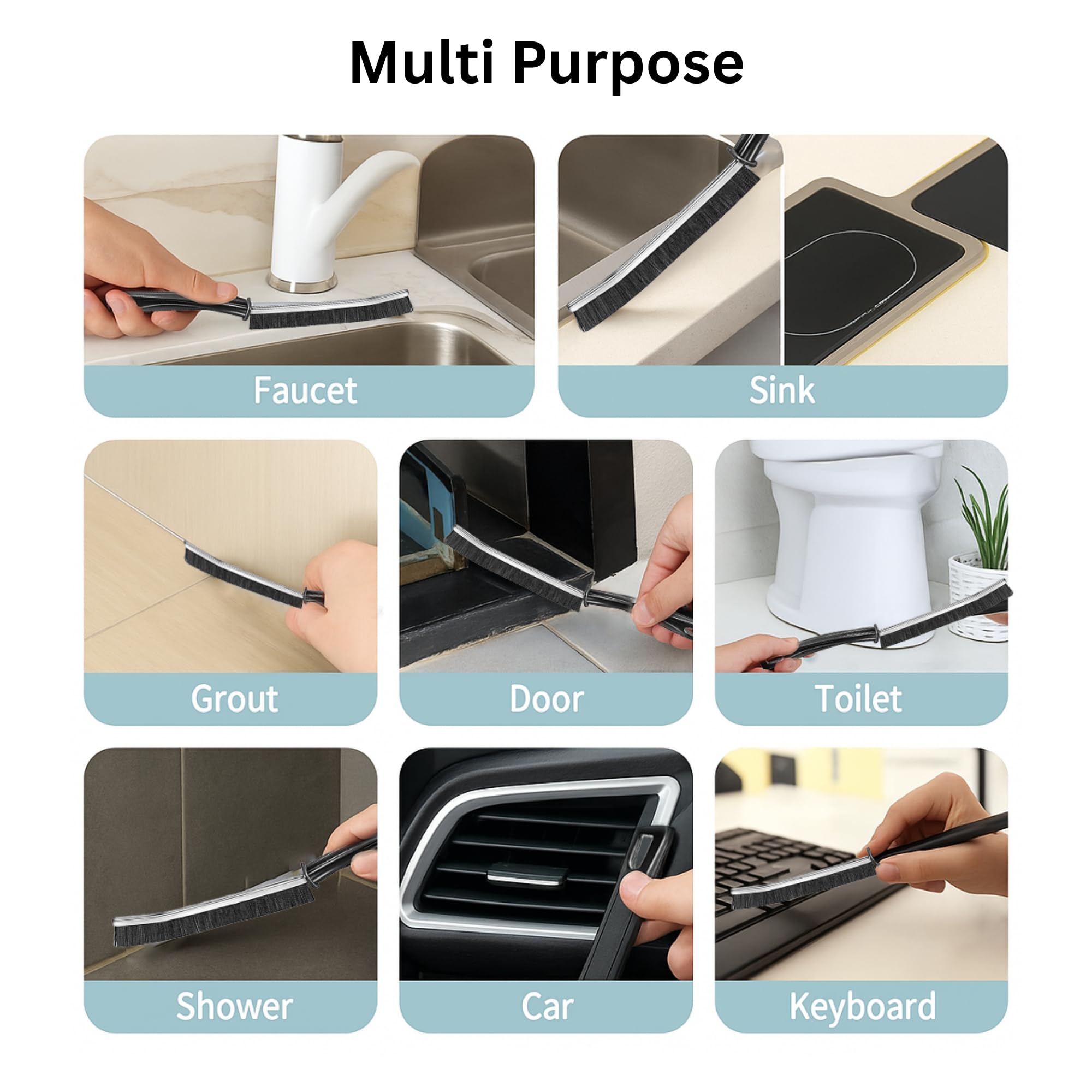 CrafTreat Hard Bristle Crevice Cleaning Brush - 6 Pack (Black) - Gap Scrub Brushes for Kitchen, Bathroom, Window Tracks, Grout, Car & Tight Spaces