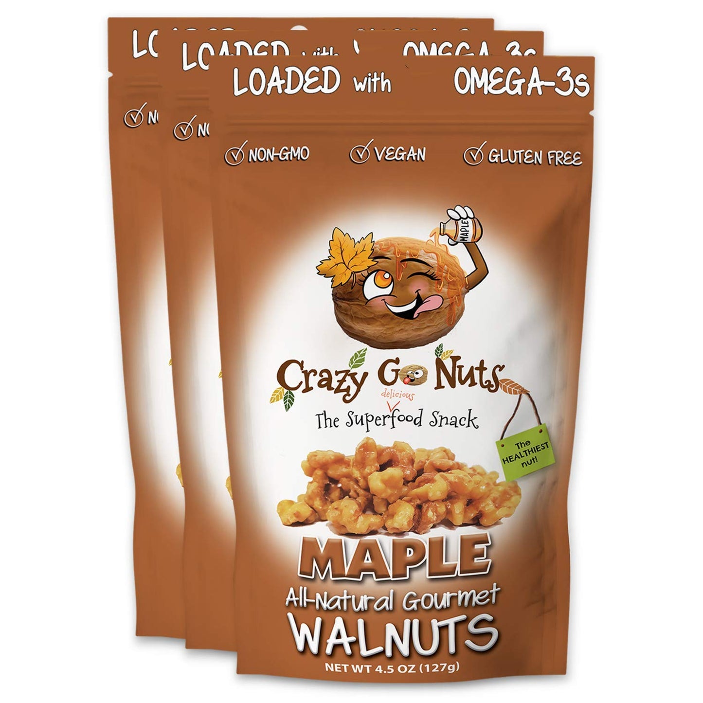 Crazy Go Nuts Walnuts Maple - Glazed Walnuts, Healthy Snacks, Vegan, Low Carb, Gluten Free, Superfood - Natural, Non-GMO, ALA, Omega 3 Fatty Acids