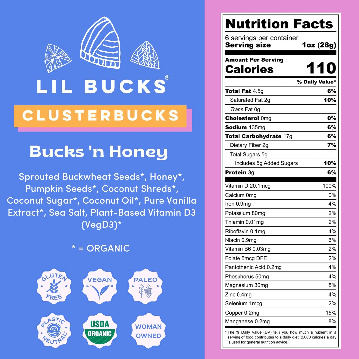 Clusterbucks Bucks 'N Honey Gut-Friendly Granola Clusters, USDA Certified Organic, Gluten Free, 6 Ounce (Pack of 6)