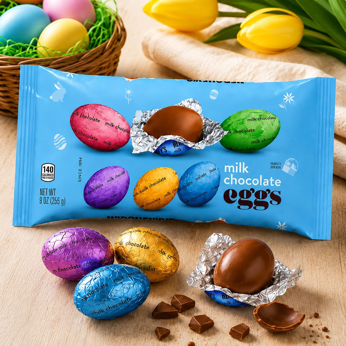 Hers,heysMilk Chocolate Eggs Candy 45 pcs (9 Oz) Bag Individually Wrapped Chocolate Egg Candy Bowls Party Favors Egg Hunts