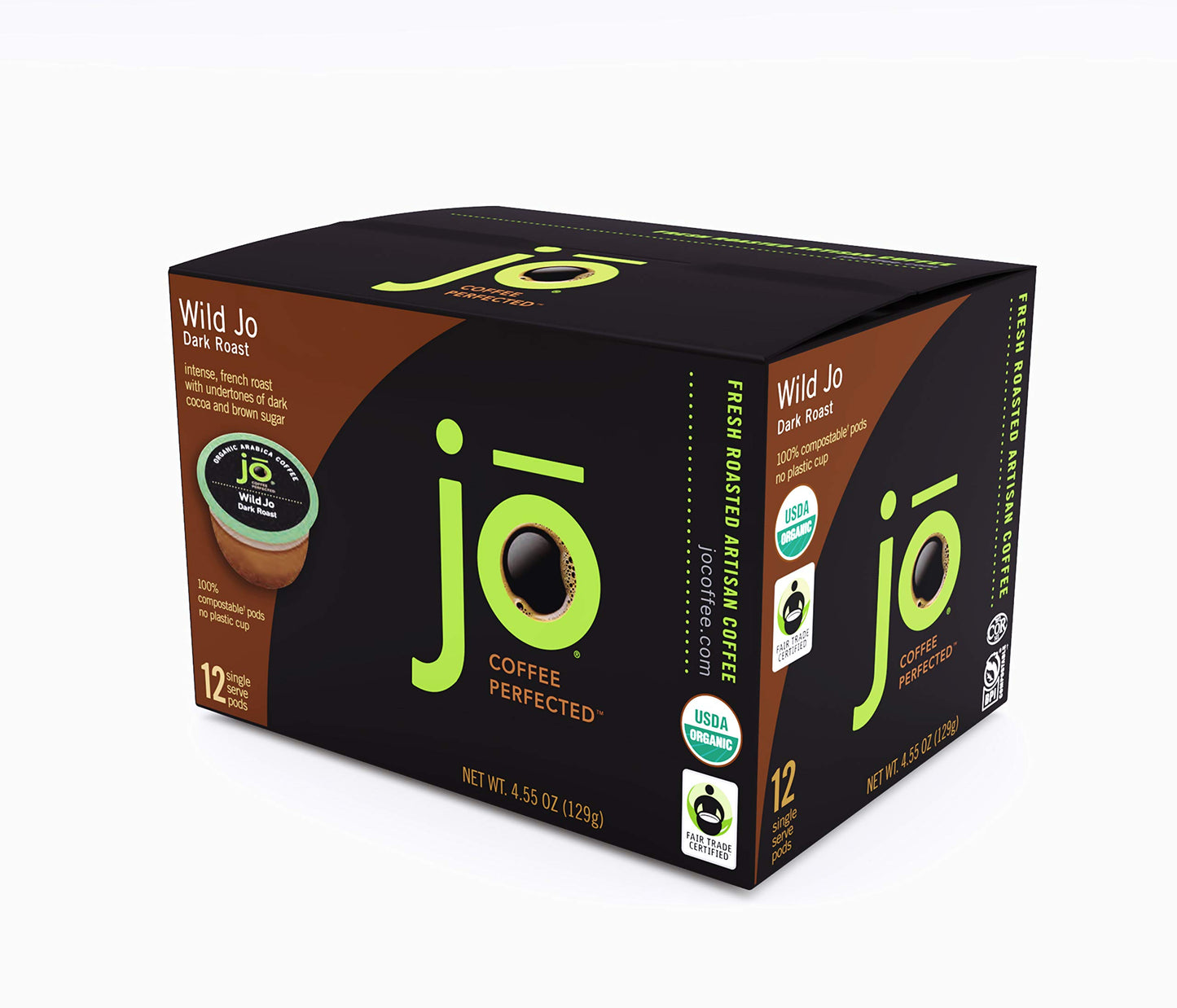 WILD JO: 12 Cup Organic Dark French Roast Compostable Coffee Pods for Keurig K-Cup Compatible Brewers | Bold Strong Rich Wicked Good | Eco-Friendly