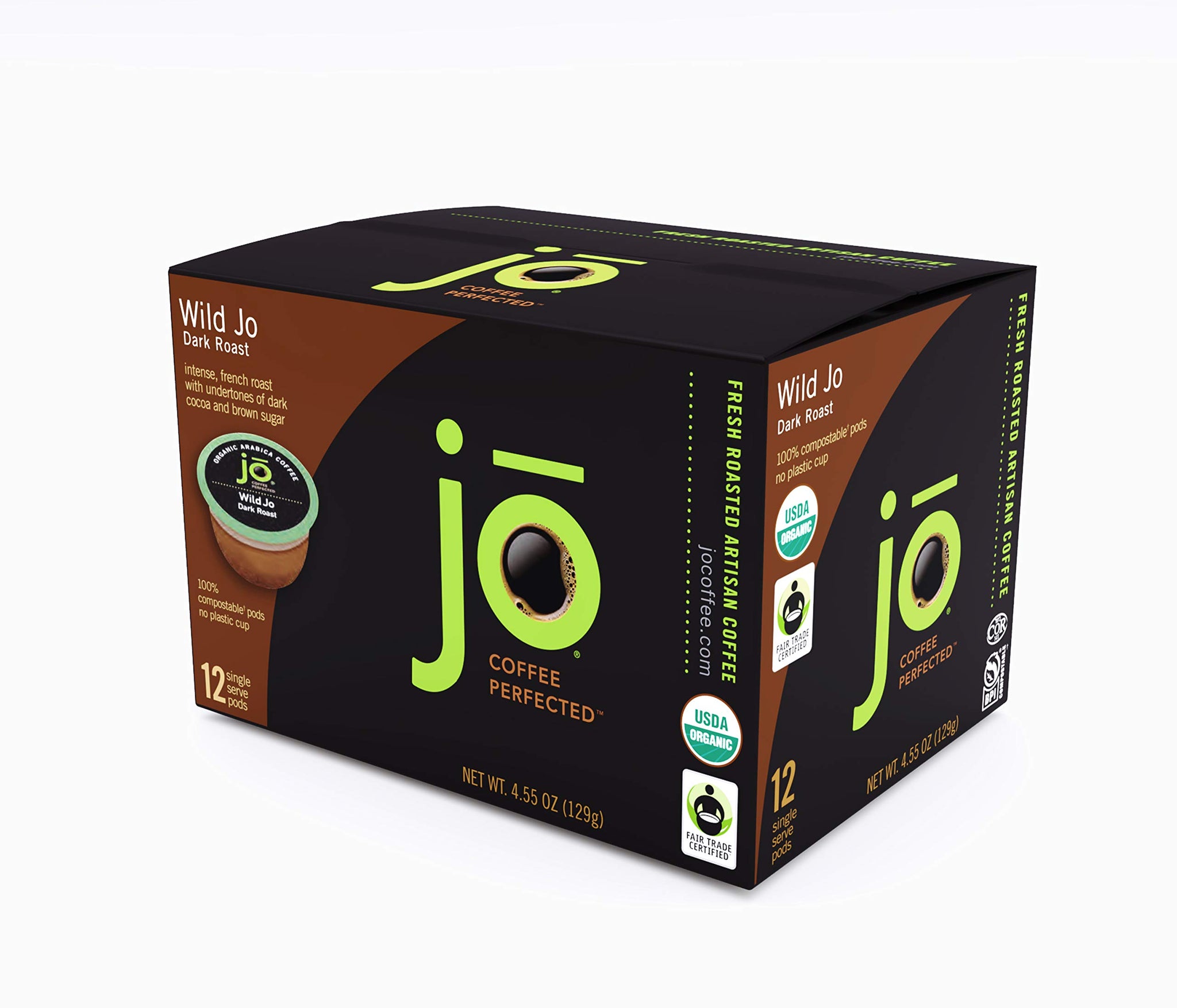 WILD JO: 12 Cup Organic Dark French Roast Compostable Coffee Pods for Keurig K-Cup Compatible Brewers | Bold Strong Rich Wicked Good | Eco-Friendly