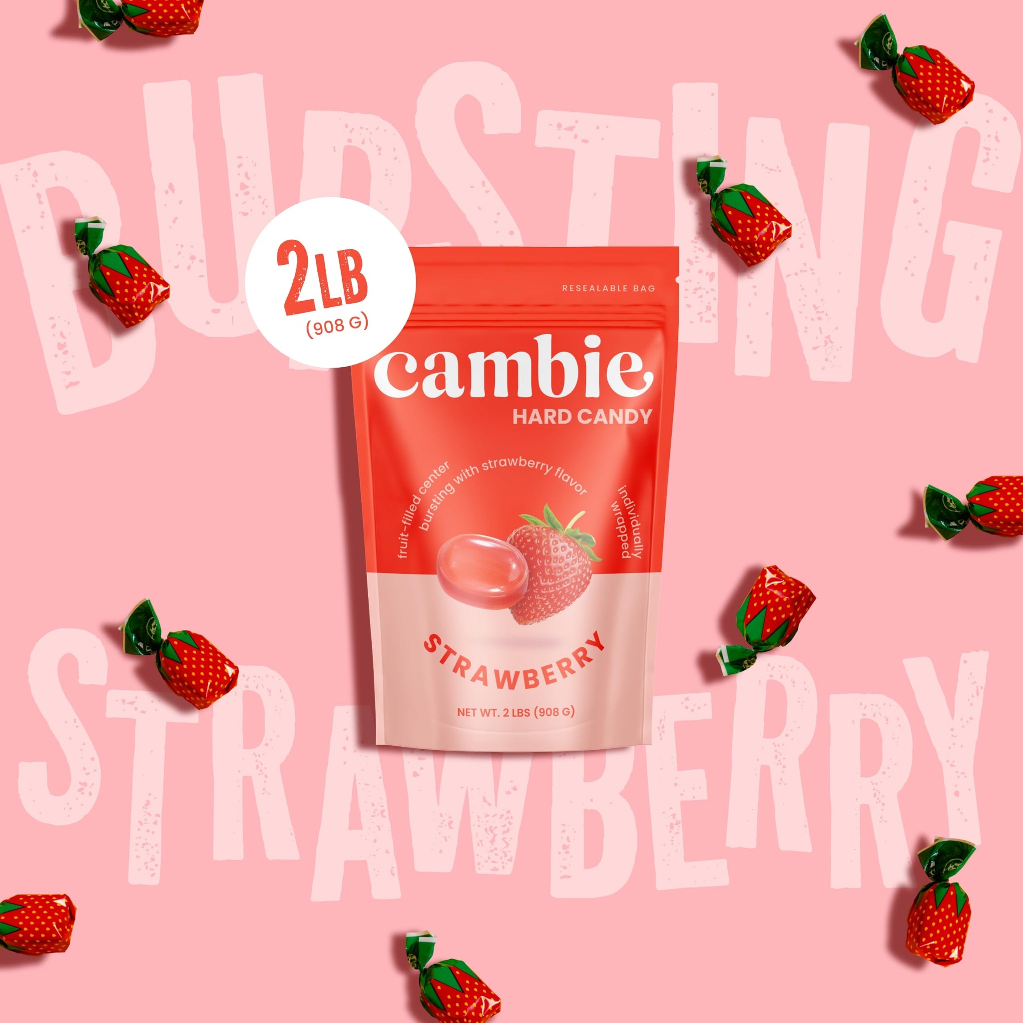 Strawberry Hard Candy Individually Wrapped by Cambie, 2 lbs of Strawberry Candy with a Deliciously Sweet Hard Exterior with a Soft, Fruit-Filled