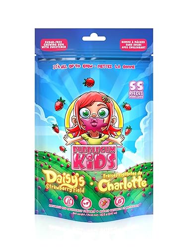 Bubblegum Kids Daisy's Strawberry Field Sugar Free Gum | Strawberry Flavor Sugarless Gum with Xylitol | Low Calorie Candy Alternative for Kids