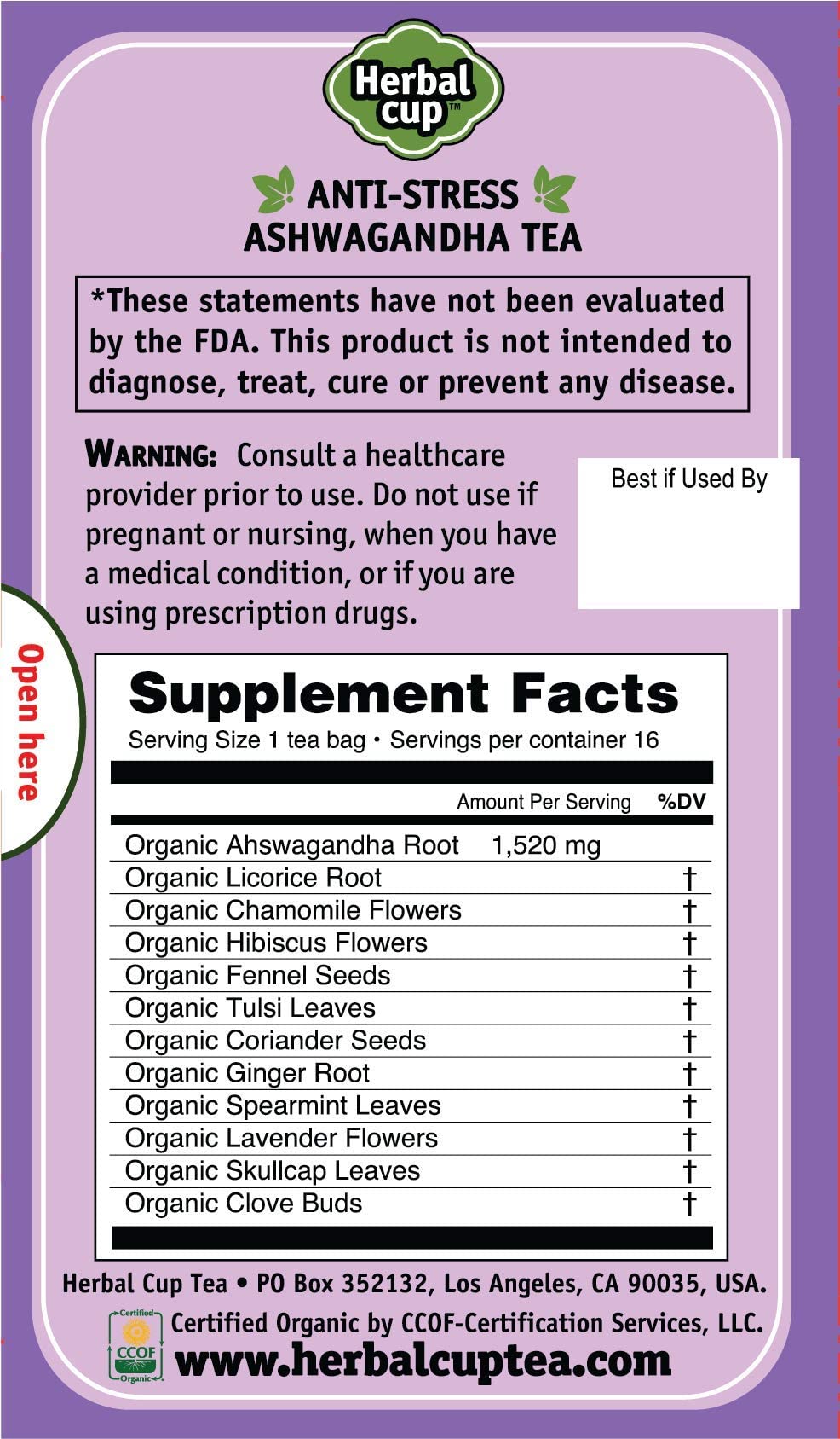 Herbal Cup Ayurveda Ashwagandha Tea, Organic Anti-Stress, No Caffeine Herbal Supplement (16 Count, Pack of 1)