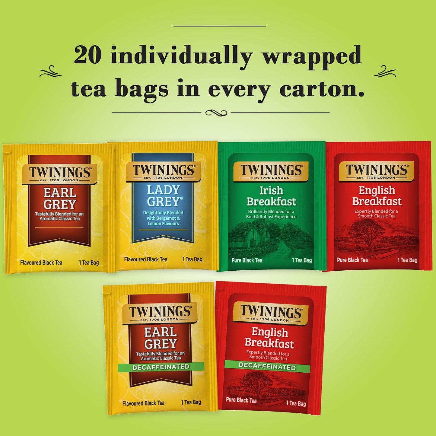 Twinings Tea Variety 6-Pack - Earl Grey, English Breakfast, Irish Breakfast, Decaffeinated Earl Grey, Decaffeinated English Breakfast, Lady Grey Tea