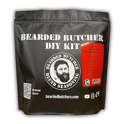 Bearded Butchers Tomato Basil Bratwurst DIY Kit - Make Flavorful Brats at Home - Includes Tomato Basil Seasoning and 32mm Collagen Casings for Up to