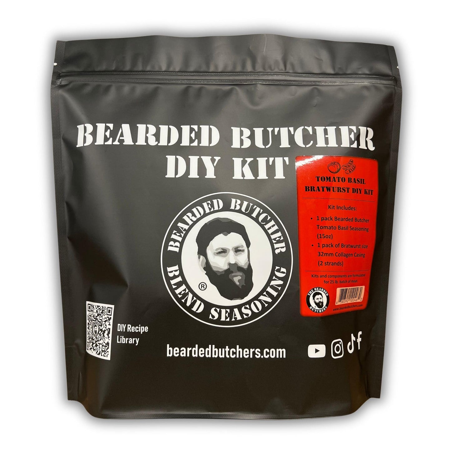 Bearded Butchers Tomato Basil Bratwurst DIY Kit - Make Flavorful Brats at Home - Includes Tomato Basil Seasoning and 32mm Collagen Casings for Up to