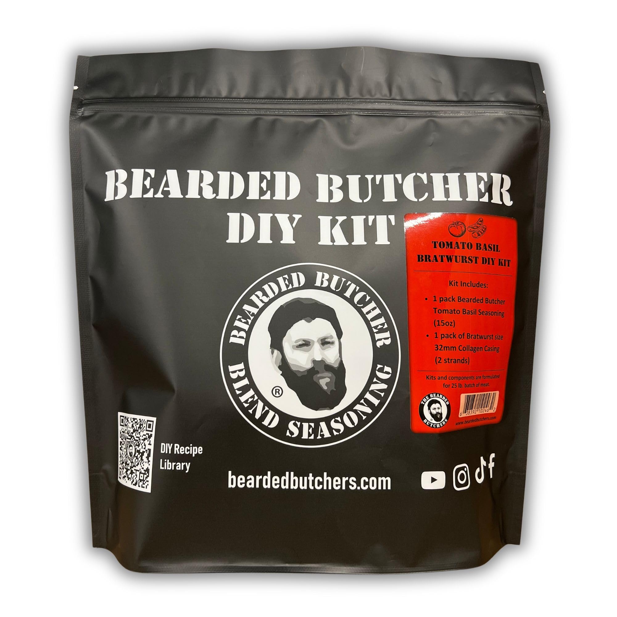 Bearded Butchers Tomato Basil Bratwurst DIY Kit - Make Flavorful Brats at Home - Includes Tomato Basil Seasoning and 32mm Collagen Casings for Up to