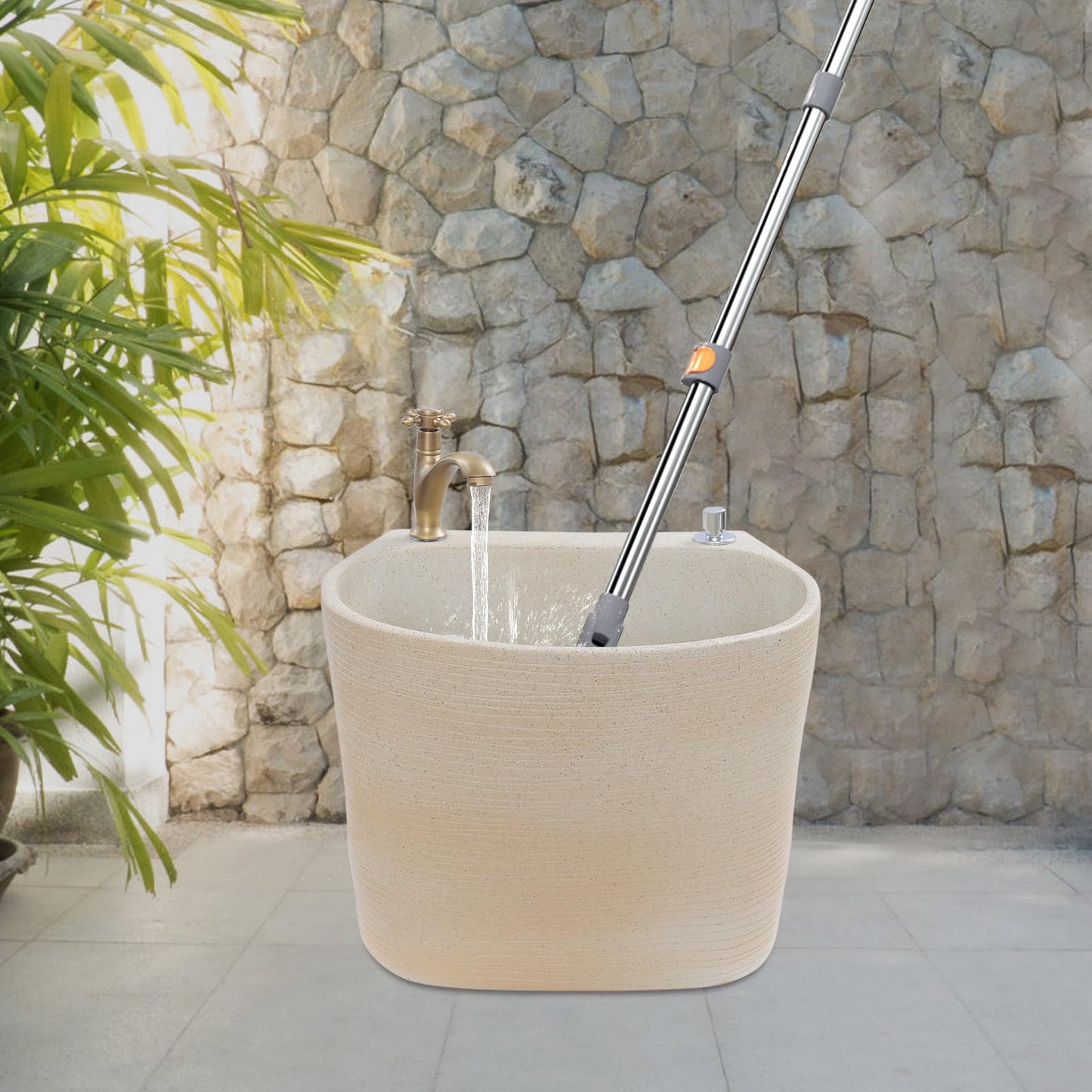 Garden Floor Mop Sink Set 16x13x16in, Ceramic Utility Mop Basin with Faucet and Button Drainage Large Capacity Mops Bucket for Garage Laundry Room