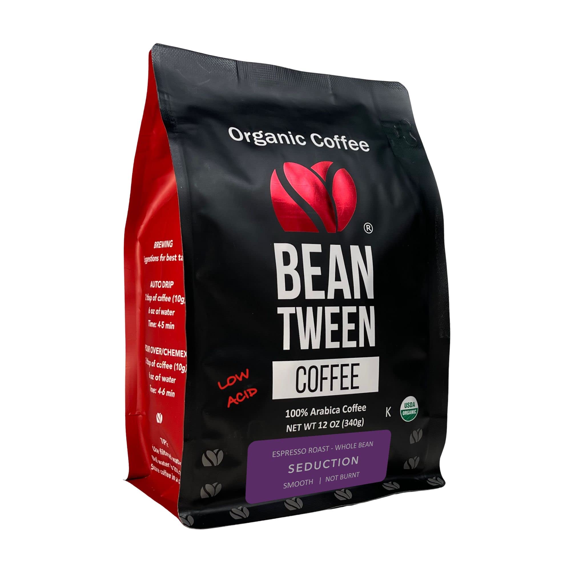 Beantween Coffee: Premium Organic ESPRESSO ROAST Whole Bean (12oz) of 100% Arabica Coffee - Low Acid, MOLD-FREE, Certified Organic, Kosher, Single