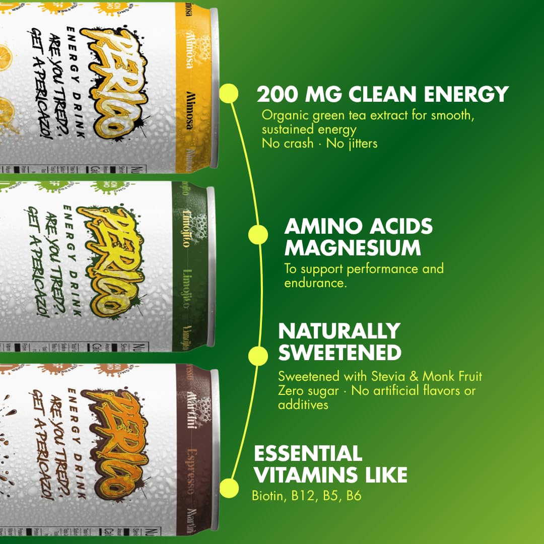 Perico Energy Drink Variety 6-Pack - Sugar Free Amino Drink with Stevia + Monk Fruit No Sucralose - Espresso Martini, Mimosa, Limojito Flavors include