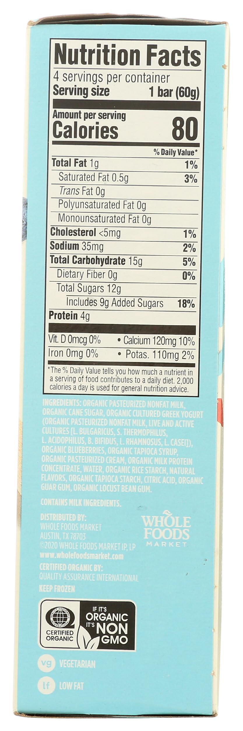 365 by Whole Foods Market, Organic Greek Yogurt Blueberry Low Fat Dessert Bars, 2.5 fl oz, 4 ct, (Frozen)