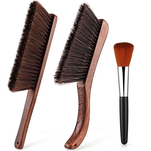 3 Pcs Wooden Hand Broom Set Counter Duster Dusting Bench Brushes Long Soft Bristles Handle Detail Brushes for Fireplace Car Home Bed Sofa Clothes